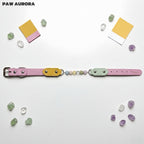 Collier pour chien Paw Aurora « Coral Spectrum » original fait main en cristal – Cuir végétalien rose pastel et vert avec pierres précieuses naturelles