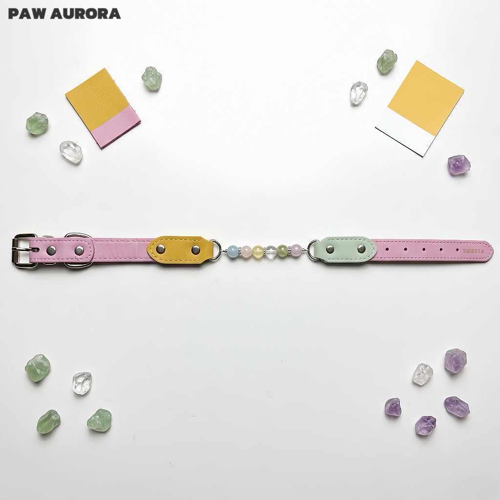 Collier pour chien Paw Aurora « Coral Spectrum » original fait main en cristal – Cuir végétalien rose pastel et vert avec pierres précieuses naturelles