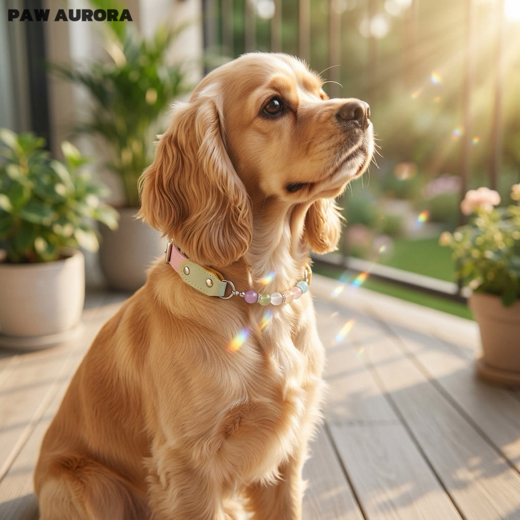 Collier pour chien Paw Aurora « Coral Spectrum » original fait main en cristal – Cuir végétalien rose pastel et vert avec pierres précieuses naturelles