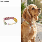 Collier pour chien Paw Aurora « Coral Spectrum » original fait main en cristal – Cuir végétalien rose pastel et vert avec pierres précieuses naturelles