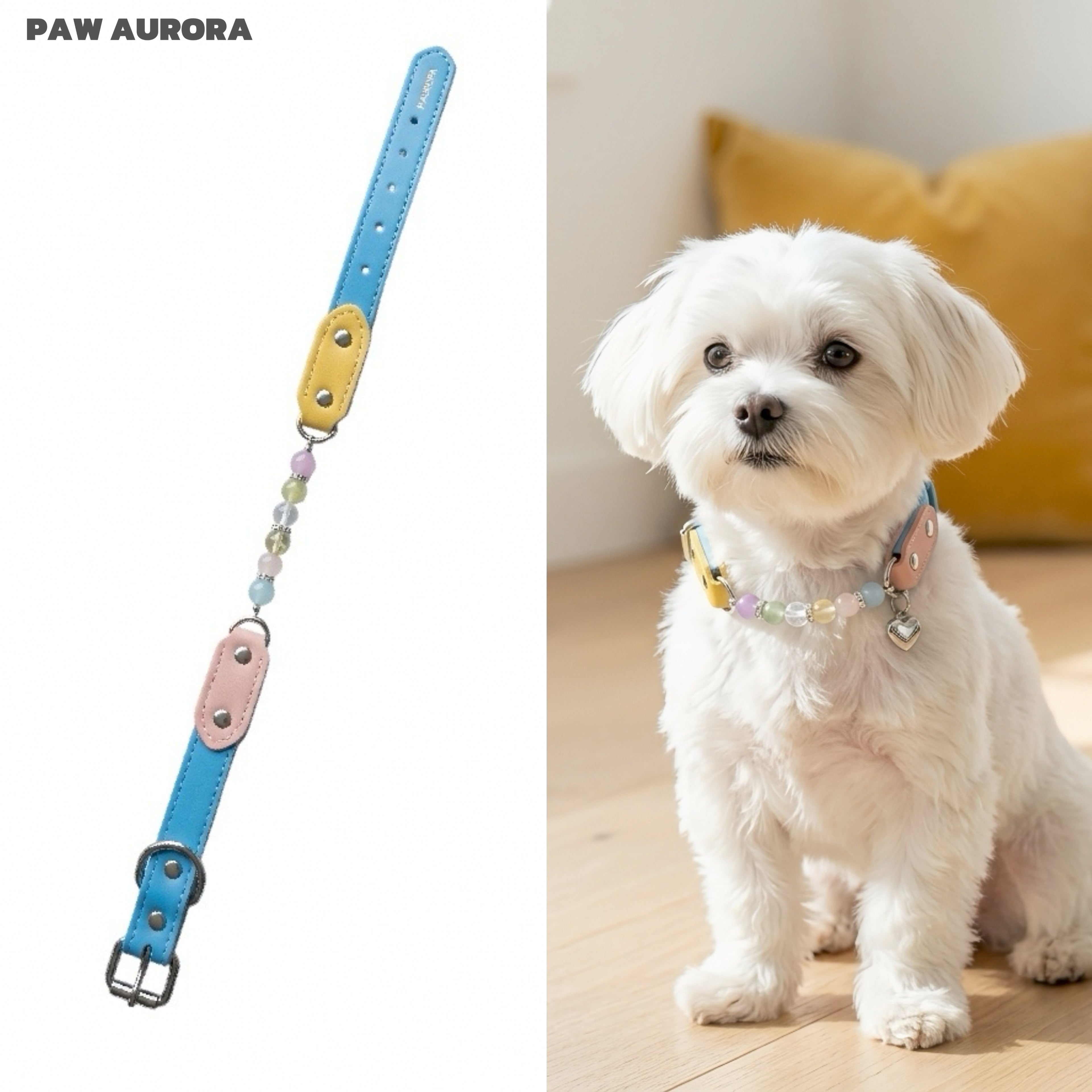 Collier original en cristal Paw Aurora "Solitude Spectrum" | Collier pour chien en cuir bleu cobalt fait main avec design à spectre complet et pierres précieuses naturelles