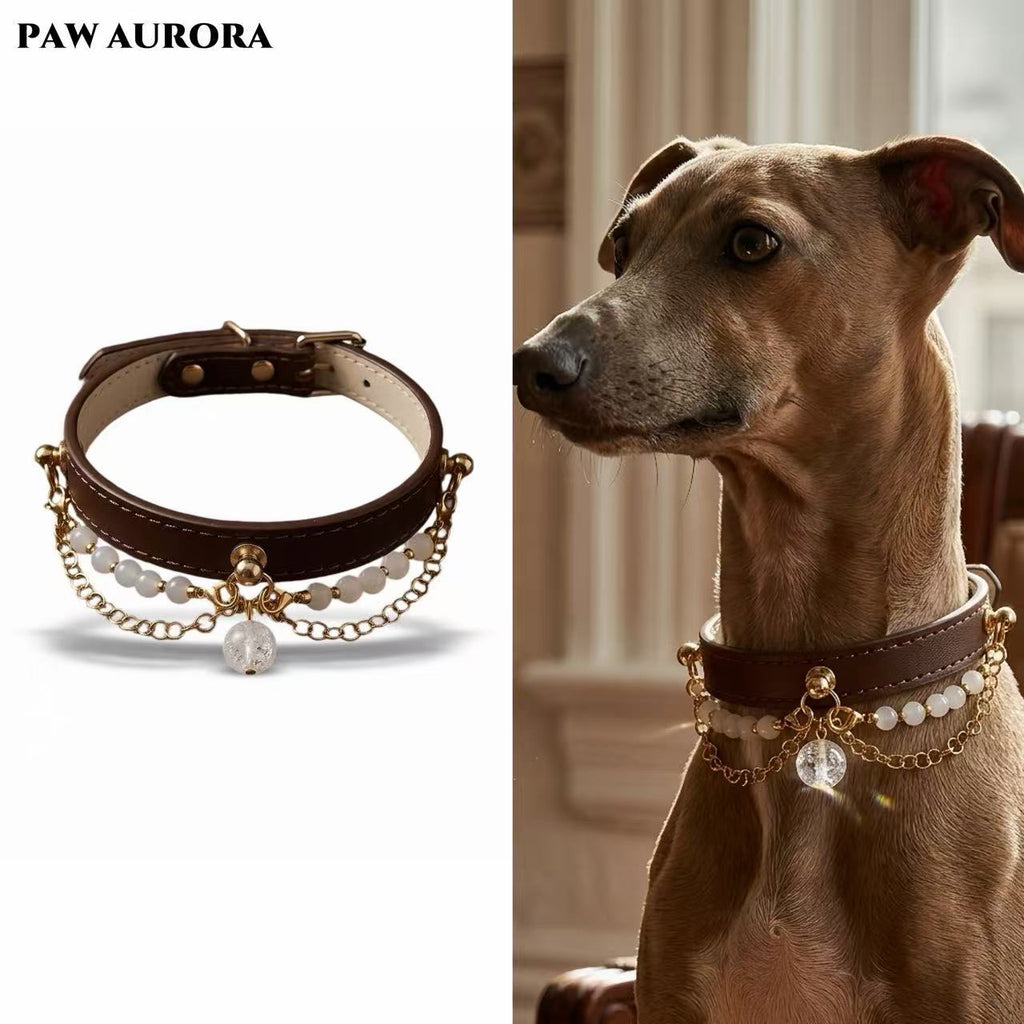 PAW AURORA NEBU | Handmade Chakra-Inspired Pet Collar with White Agate & White Aura Quartz | Throat Chakra Energy Balance Accessory for Dogs & Cats