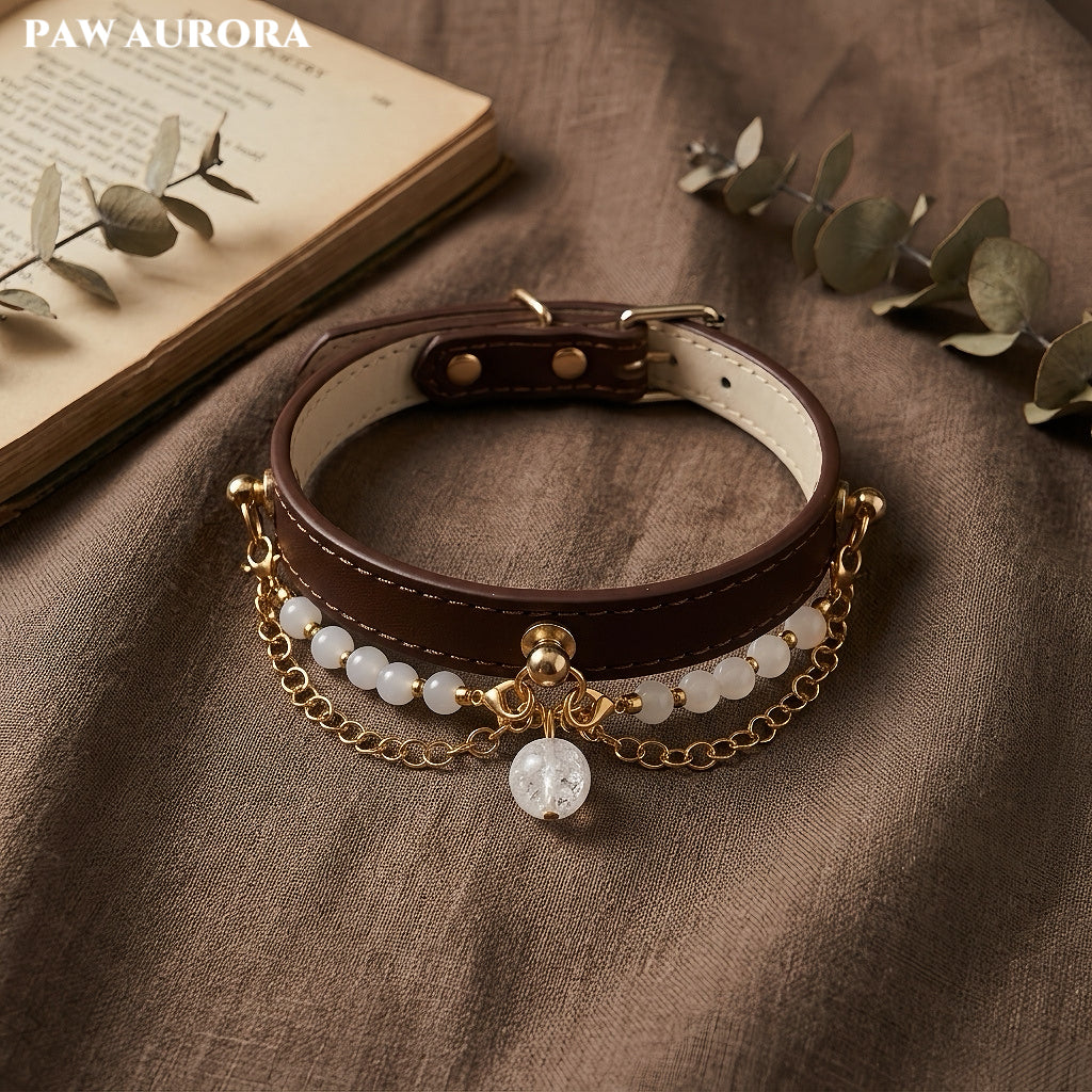 PAW AURORA NEBU | Handmade Chakra-Inspired Pet Collar with White Agate & White Aura Quartz | Throat Chakra Energy Balance Accessory for Dogs & Cats