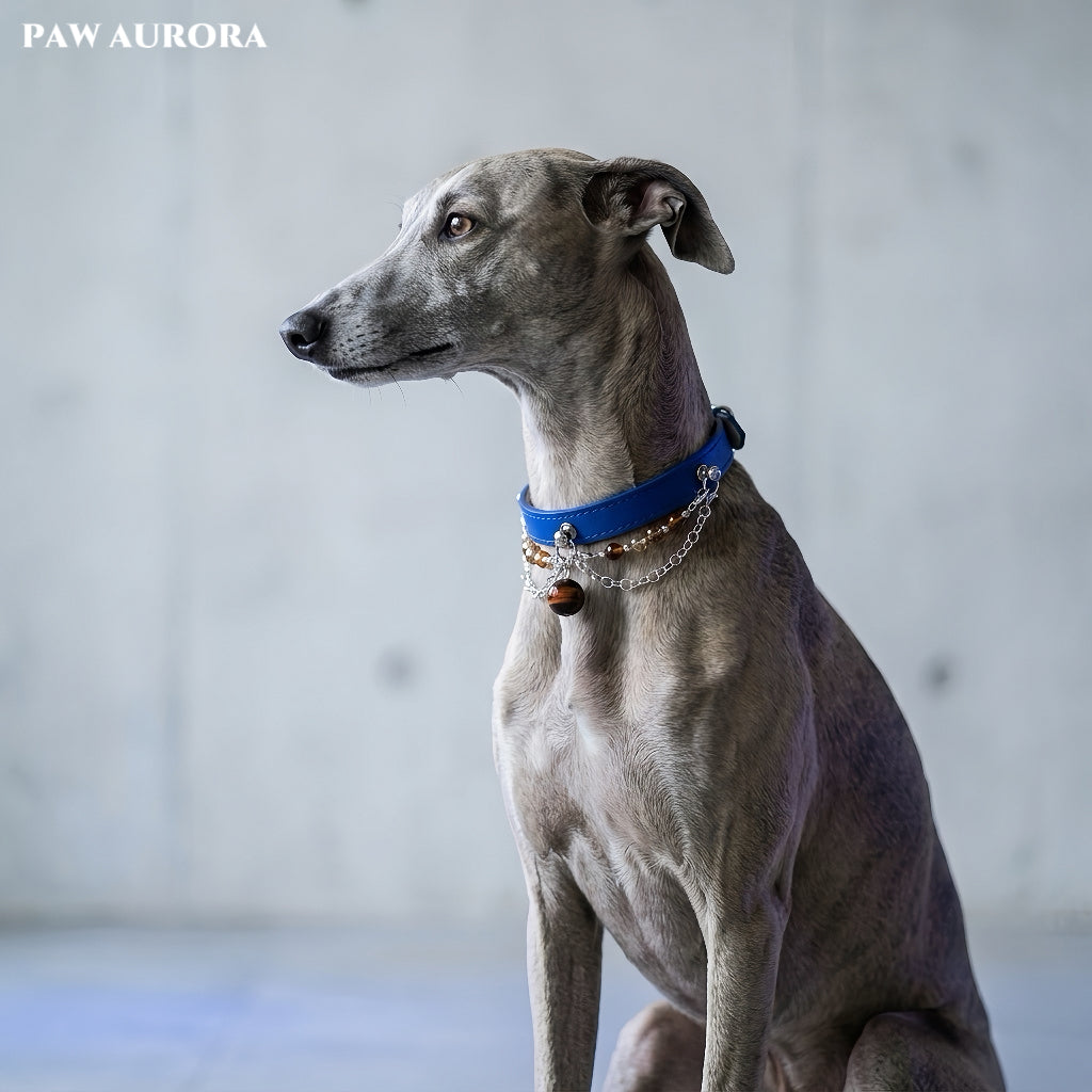 PAW AURORA NEBU | Root Chakra Pet Collar – Natural Super Seven & Red Tiger Eye, Blue Vegan Leather, Adjustable Decor for Dogs & Cats