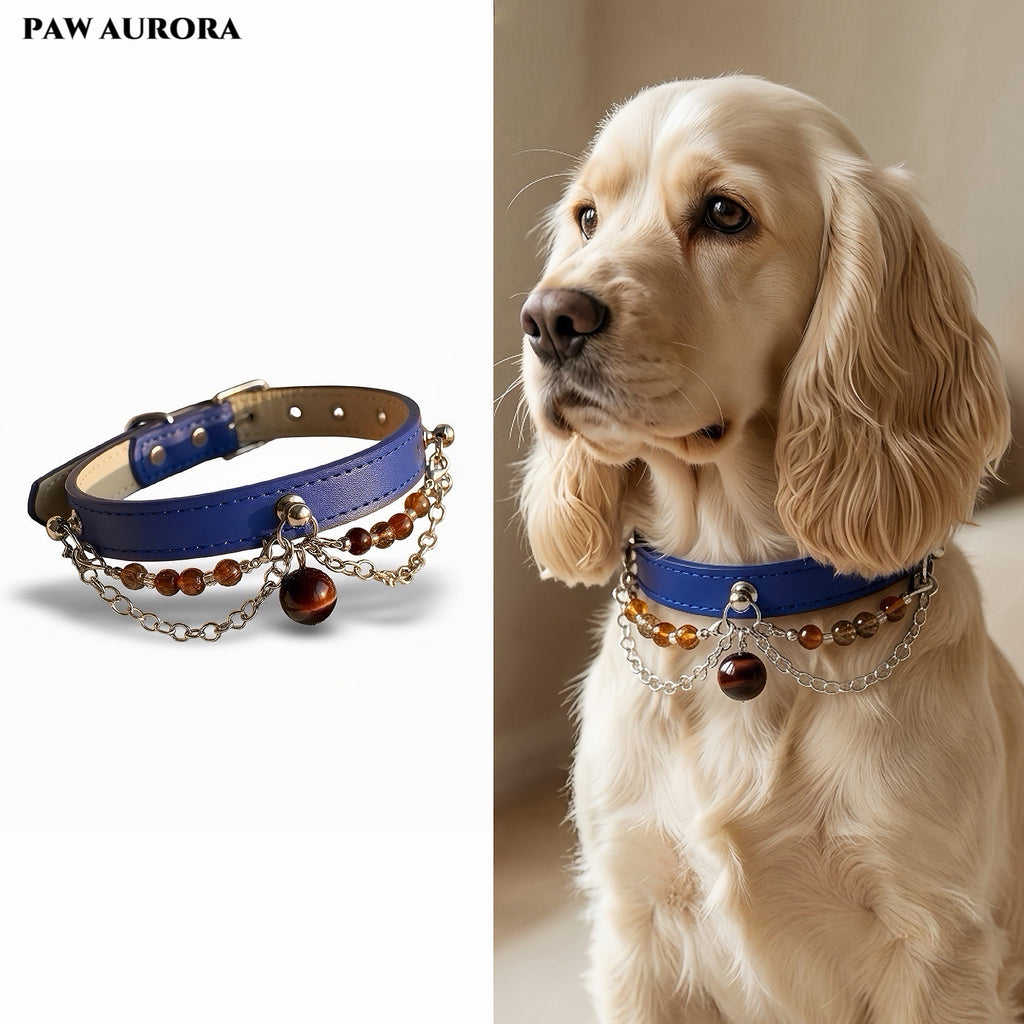PAW AURORA NEBU | Root Chakra Pet Collar – Natural Super Seven & Red Tiger Eye, Blue Vegan Leather, Adjustable Decor for Dogs & Cats