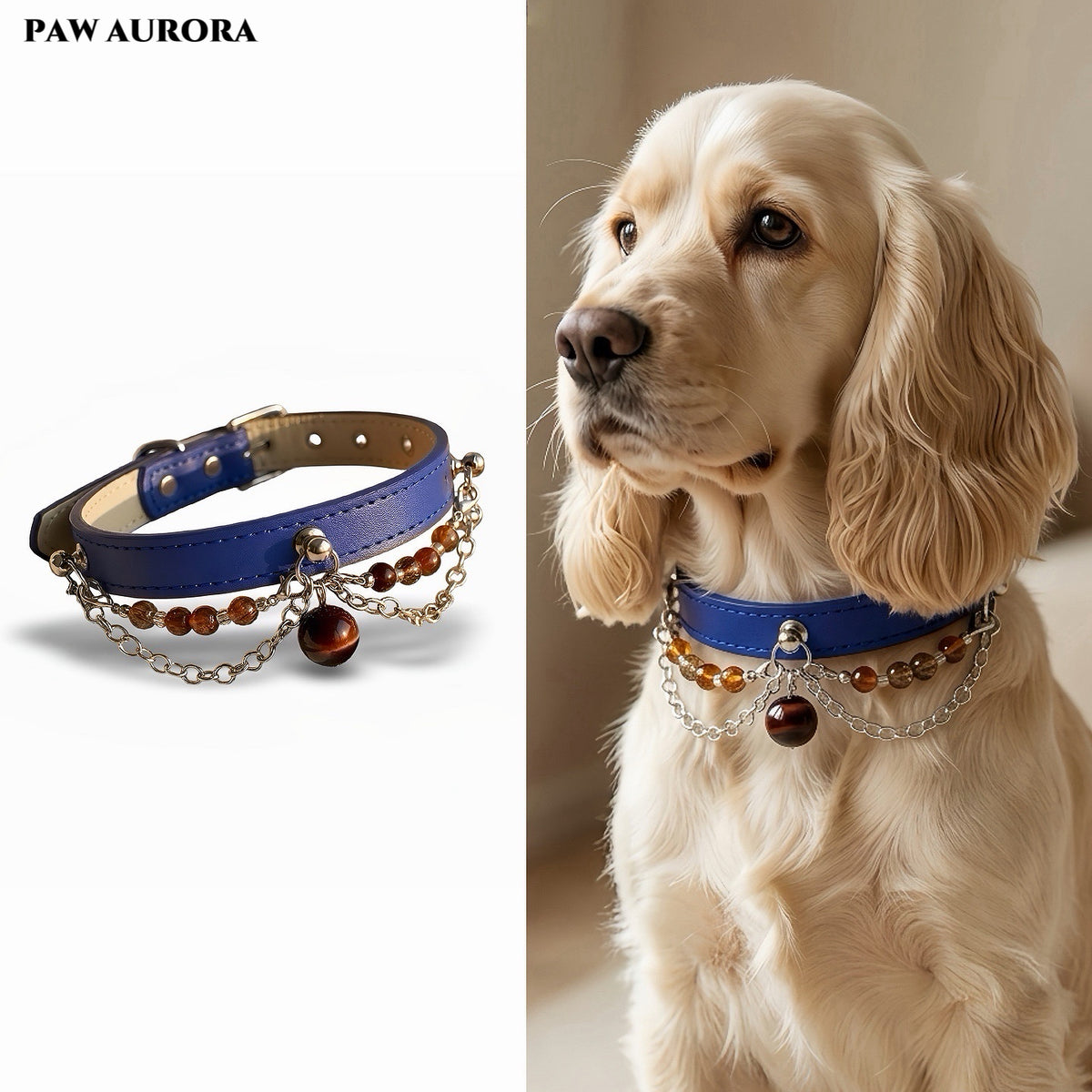 PAW AURORA NEBU | Root Chakra Pet Collar – Natural Super Seven & Red Tiger Eye, Blue Vegan Leather, Adjustable Decor for Dogs & Cats