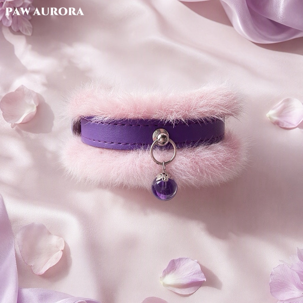 PAW AURORA Lan Yi – Natural Round Amethyst & Fluffy Faux Fur Luxury Pet Decor Collar