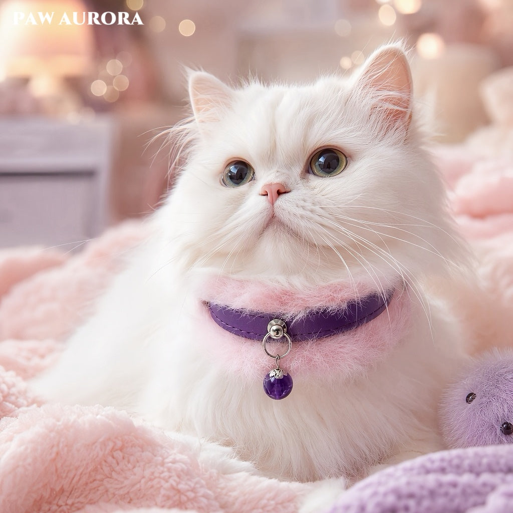 PAW AURORA Lan Yi – Natural Round Amethyst & Fluffy Faux Fur Luxury Pet Decor Collar