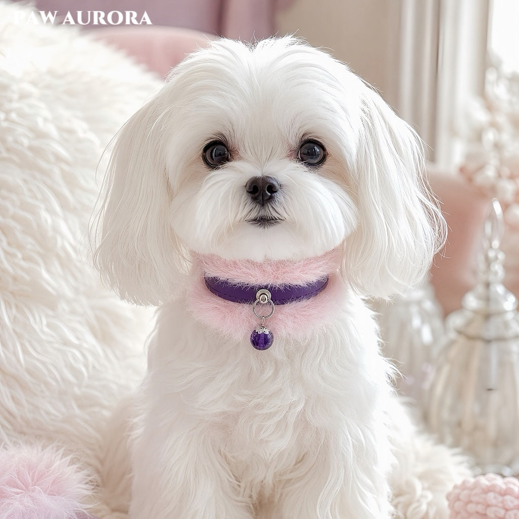 PAW AURORA Lan Yi – Natural Round Amethyst & Fluffy Faux Fur Luxury Pet Decor Collar
