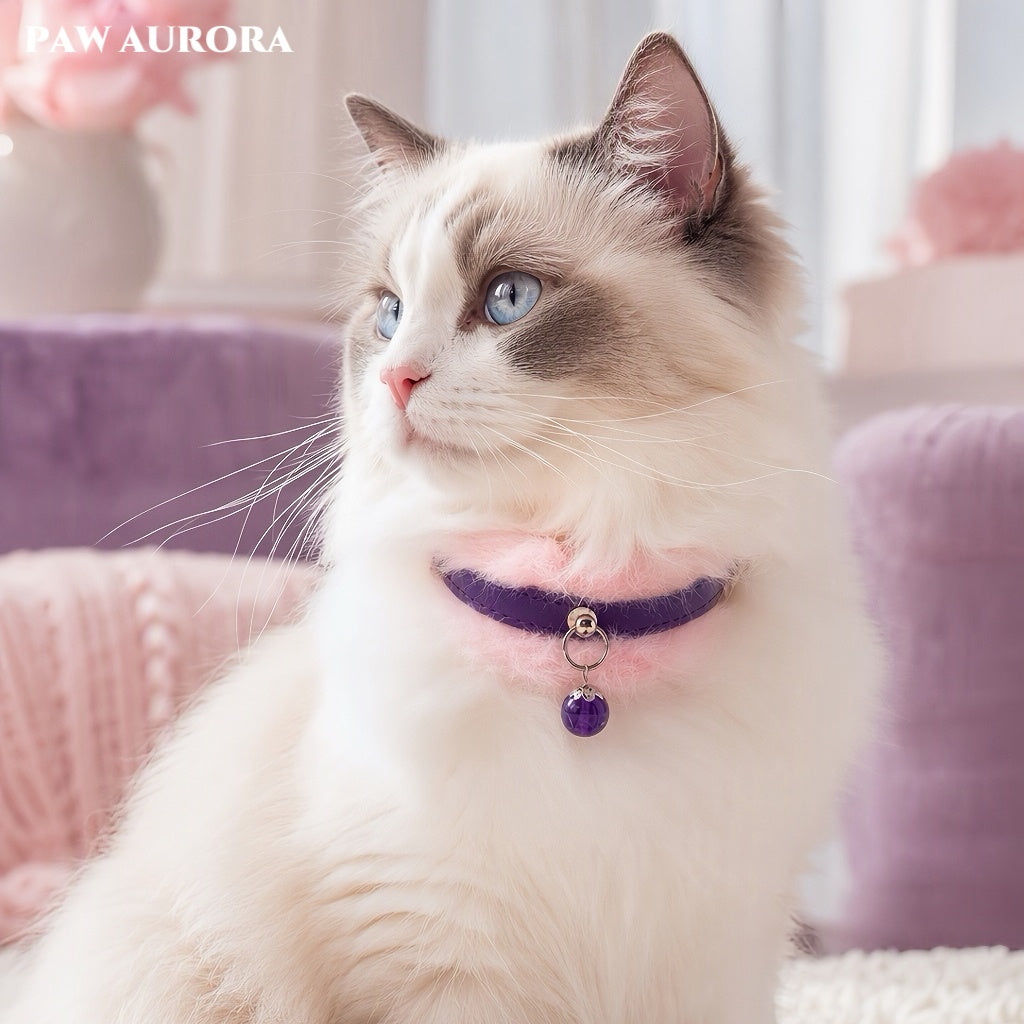 PAW AURORA Lan Yi – Natural Round Amethyst & Fluffy Faux Fur Luxury Pet Decor Collar