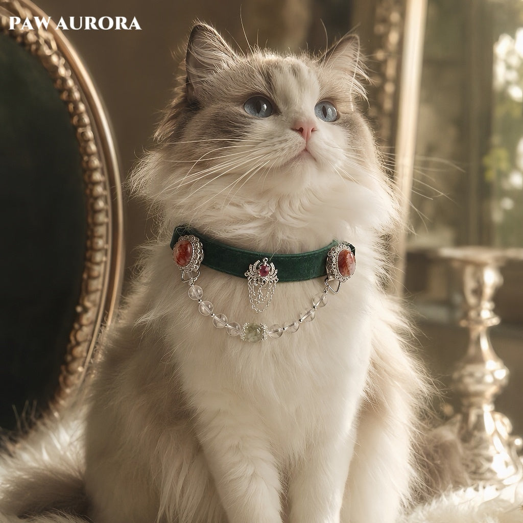 PAW AURORA Green Wild | Emerald Velvet Collar/ White Crystal & Red Floral