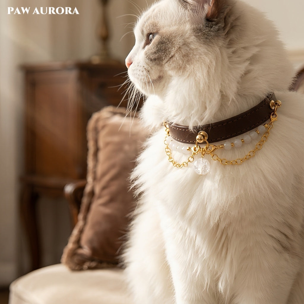 PAW AURORA NEBU | Handmade Chakra-Inspired Pet Collar with White Agate & White Aura Quartz | Throat Chakra Energy Balance Accessory for Dogs & Cats