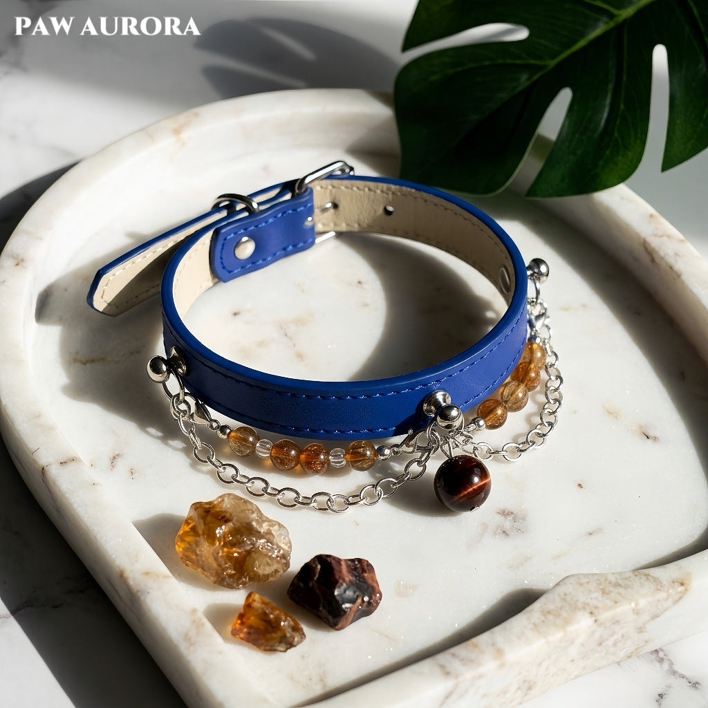 PAW AURORA NEBU | Root Chakra Pet Collar – Natural Super Seven & Red Tiger Eye, Blue Vegan Leather, Adjustable Decor for Dogs & Cats