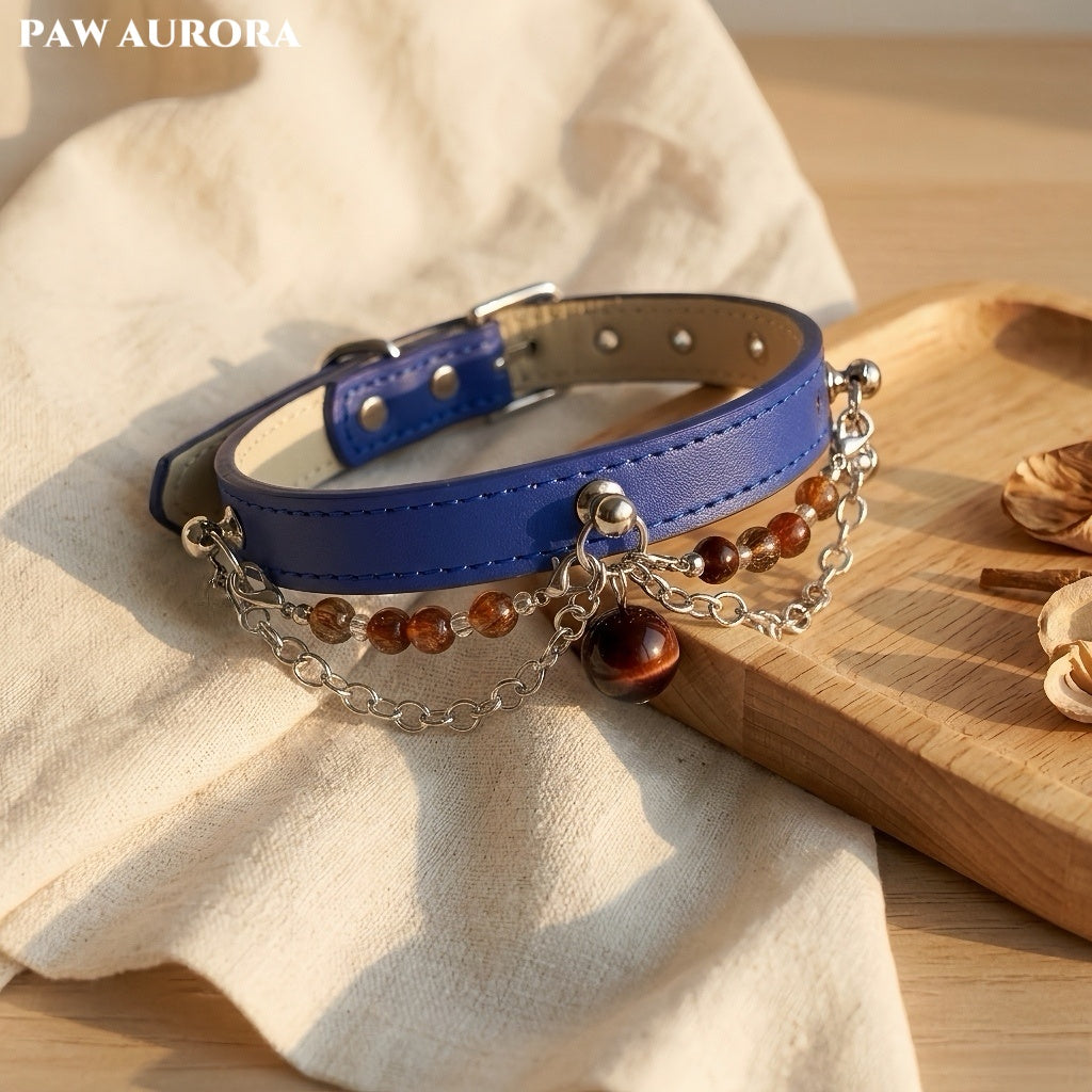 PAW AURORA NEBU | Root Chakra Pet Collar – Natural Super Seven & Red Tiger Eye, Blue Vegan Leather, Adjustable Decor for Dogs & Cats