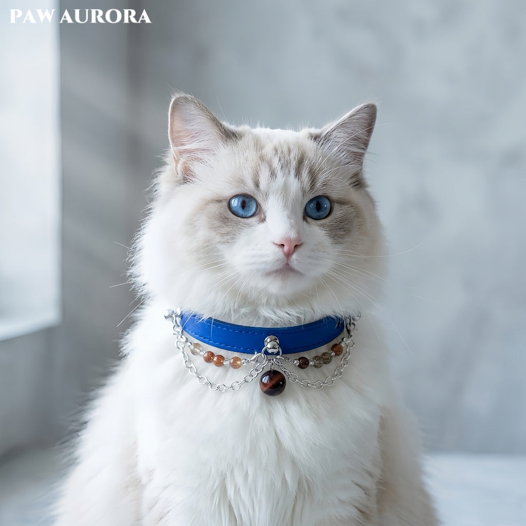 PAW AURORA NEBU | Root Chakra Pet Collar – Natural Super Seven & Red Tiger Eye, Blue Vegan Leather, Adjustable Decor for Dogs & Cats